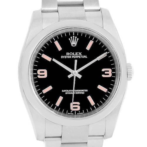 The image shows a front view of the Rolex Oyster Perpetual 116000 Men's Stainless Steel Black Dial 116000 Men's Stainless Steel Black Dial watch, highlighting its black dial, hour markers, and stainless steel case and bracelet.