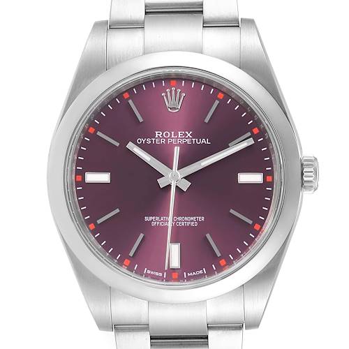 The image shows a front view of the Rolex Oyster Perpetual 114300 Men's Stainless Steel Burgundy Dial 114300 Men's Stainless Steel Burgundy Dial watch, highlighting its purple dial, hour markers, and stainless steel bracelet.