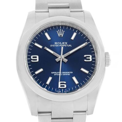The image shows a front view of a Rolex Oyster Perpetual 116000 Men's Stainless Steel Blue Dial 116000 Men's Stainless Steel Blue Dial watch, highlighting its blue dial, crown, and stainless steel bracelet.