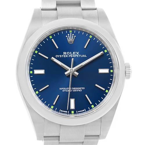 The front view of the Rolex Oyster Perpetual 114300 Men's Stainless Steel Blue Dial 114300 Men's Stainless Steel Blue Dial watch shows the face, case, bezel, and part of the bracelet.