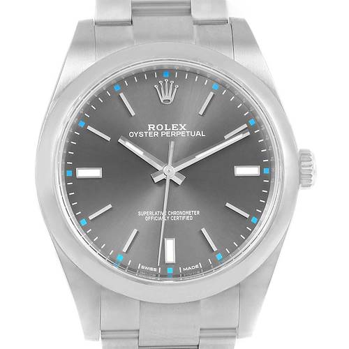The image shows a front view of a Rolex Oyster Perpetual 114300 Men's Stainless Steel Grey Dial 114300 Men's Stainless Steel Grey Dial watch, displaying the dial, hour markers, hands, crown, and part of the bracelet.