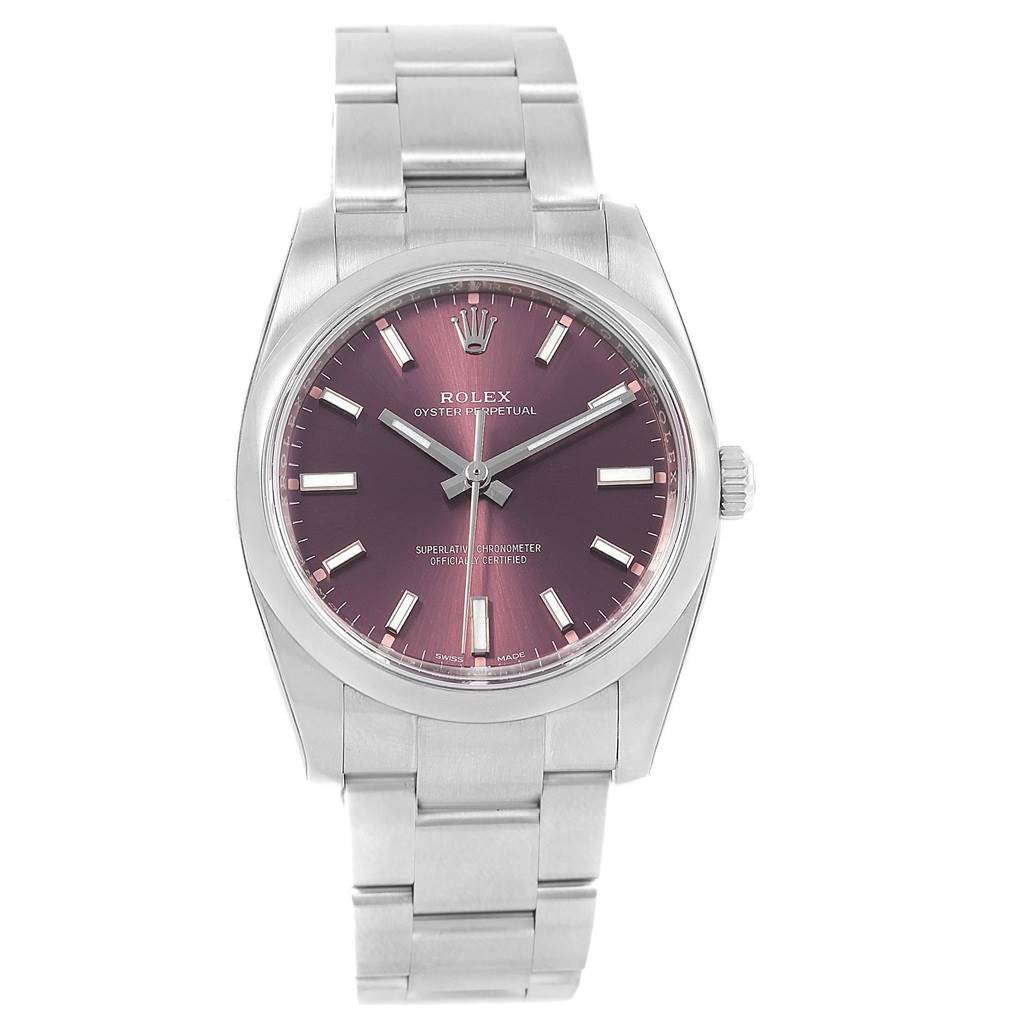 The Rolex Oyster Perpetual 114200 Men's Stainless Steel Burgundy Dial 114200 Men's Stainless Steel Burgundy Dial watch is shown from a front angle, displaying its face, bezel, and stainless steel bracelet.