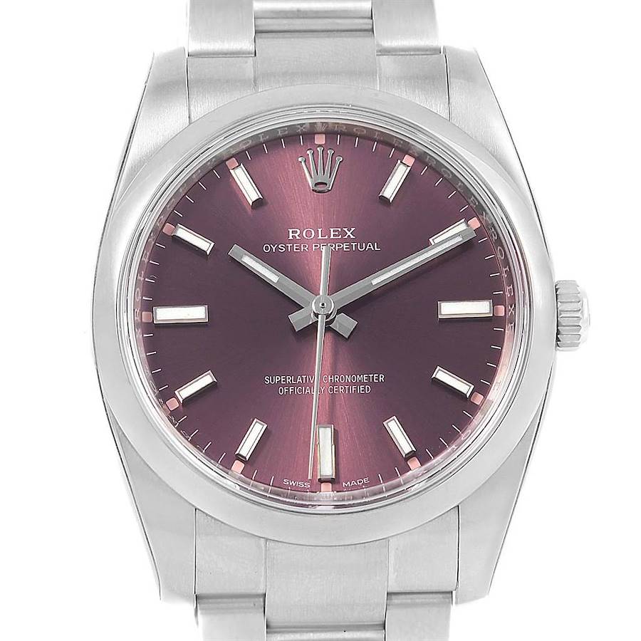 The image shows a front view of a Rolex Oyster Perpetual 114200 Men's Stainless Steel Burgundy Dial 114200 Men's Stainless Steel Burgundy Dial watch, highlighting its dial, bezel, crown, and part of the bracelet.