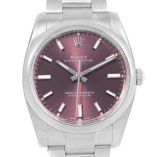 The image shows a close-up, frontal view of a Rolex Oyster Perpetual 114200 Men's Stainless Steel Burgundy Dial 114200 Men's Stainless Steel Burgundy Dial watch displaying its purple dial, hands, and parts of the stainless steel bracelet.