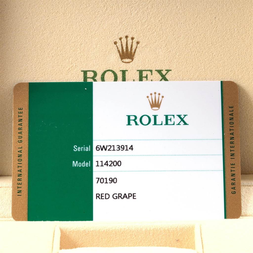 The image shows an international guarantee card for a Rolex Oyster Perpetual 114200 Men's Stainless Steel Burgundy Dial 114200 Men's Stainless Steel Burgundy Dial model 114200 with serial number 6W213914.