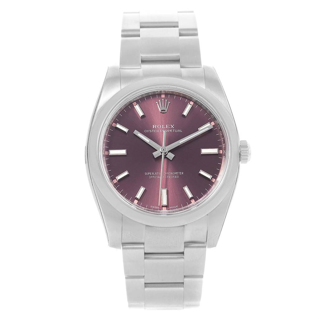 The image shows the front view of a Rolex Oyster Perpetual 114200 Men's Stainless Steel Burgundy Dial 114200 Men's Stainless Steel Burgundy Dial watch with a purple dial and silver bracelet.