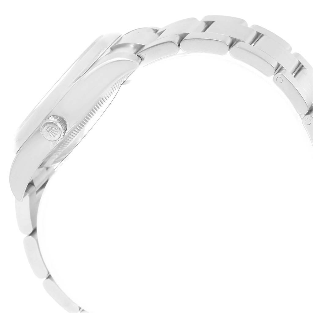 The image shows a side view of the Rolex Oyster Perpetual 114200 Men's Stainless Steel Burgundy Dial 114200 Men's Stainless Steel Burgundy Dial watch, highlighting the crown and bracelet.