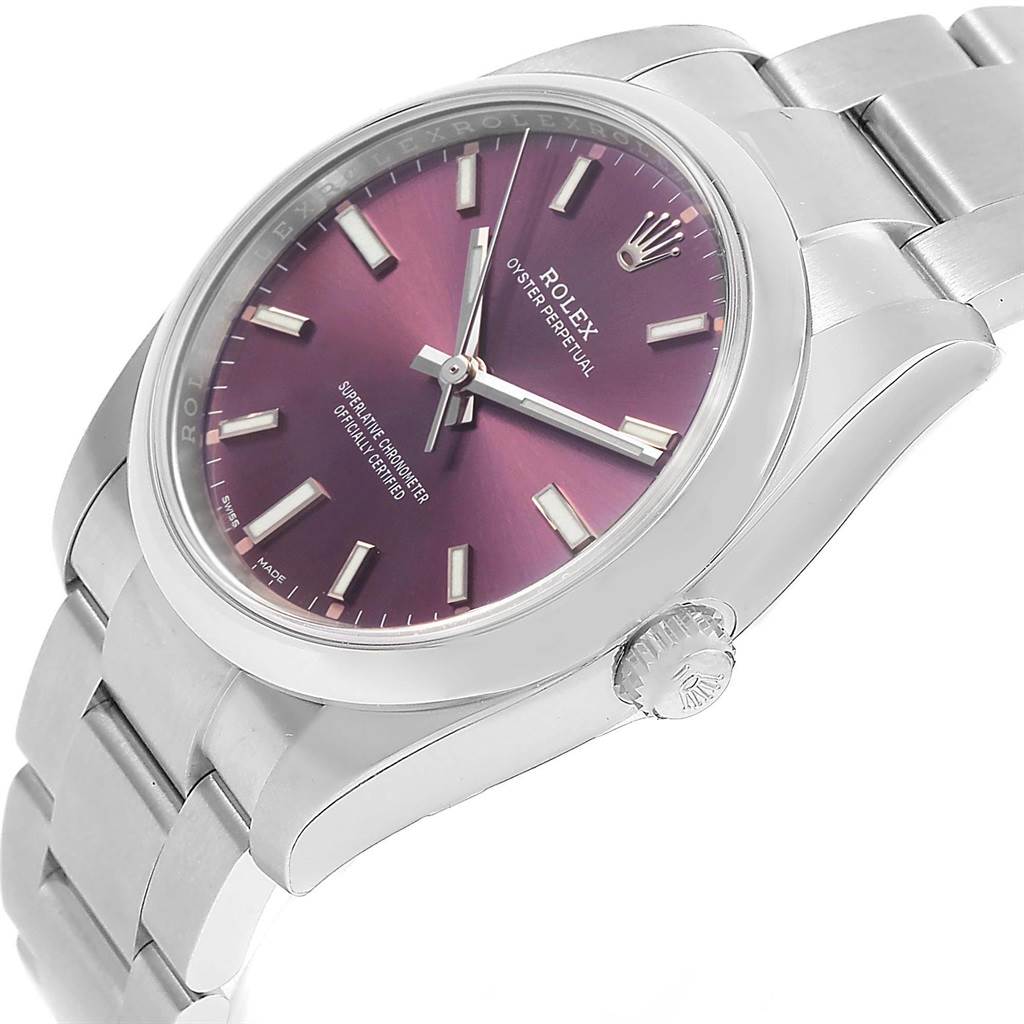 The image shows the Rolex Oyster Perpetual 114200 Men's Stainless Steel Burgundy Dial 114200 Men's Stainless Steel Burgundy Dial watch at an angled side view, highlighting the dial, crown, and bracelet.