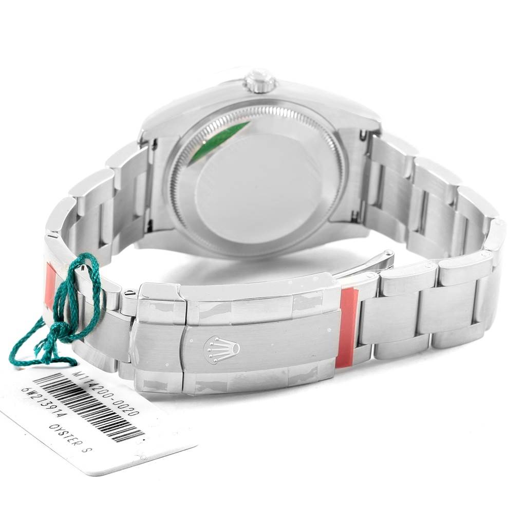 This image shows the back and bracelet clasp of a Rolex Oyster Perpetual 114200 Men's Stainless Steel Burgundy Dial 114200 Men's Stainless Steel Burgundy Dial watch, including the case back and branding.