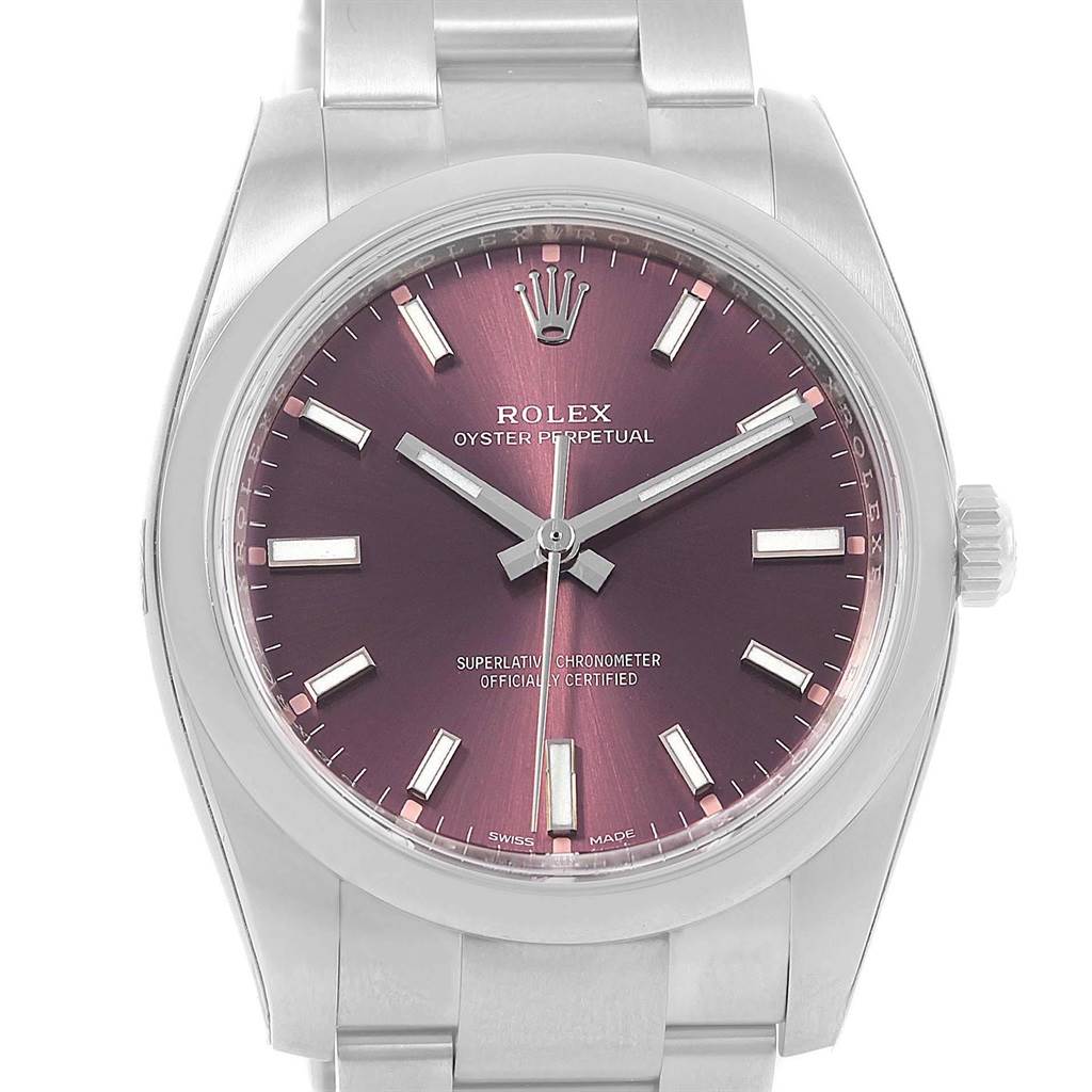 This image shows a front view of the Rolex Oyster Perpetual 114200 Men's Stainless Steel Burgundy Dial 114200 Men's Stainless Steel Burgundy Dial watch, highlighting its dial, hands, and bracelet.