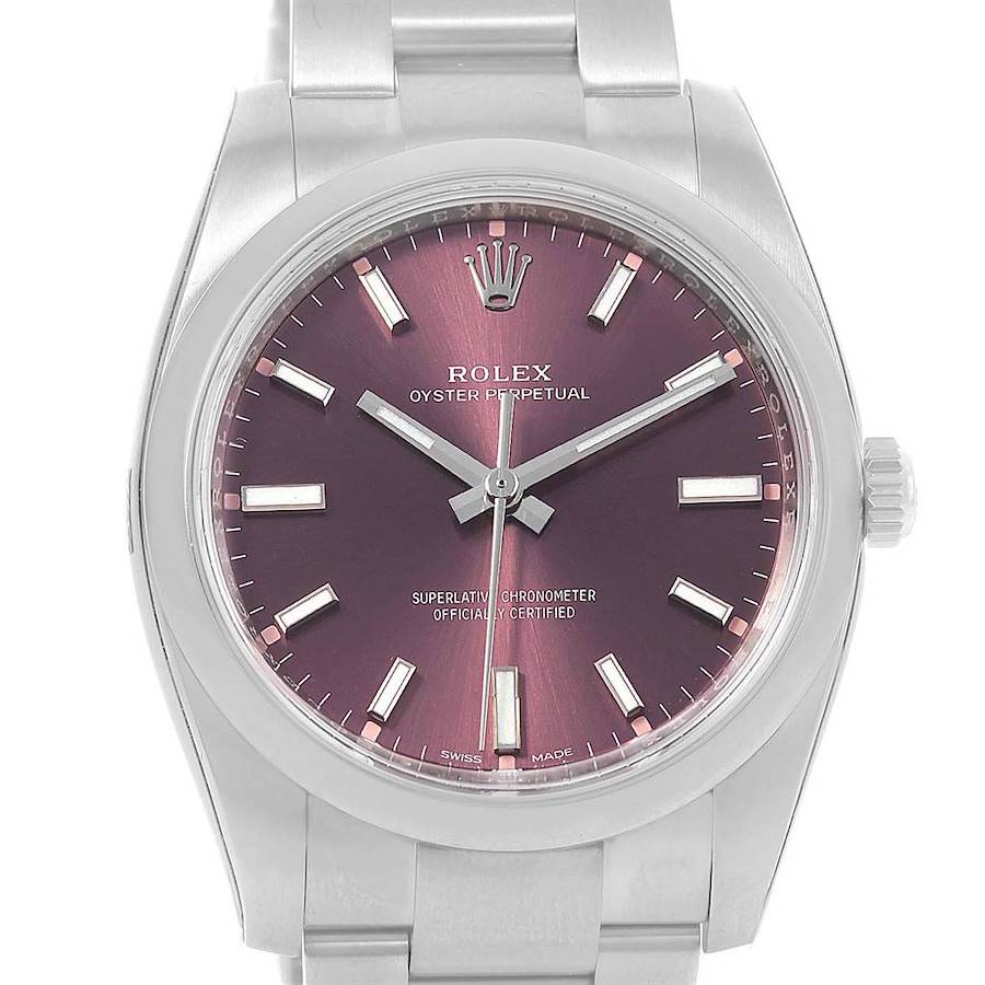 This image shows a front view of the Rolex Oyster Perpetual 114200 Men's Stainless Steel Burgundy Dial 114200 Men's Stainless Steel Burgundy Dial watch, highlighting its dial, hands, and bracelet.