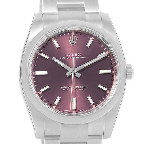 The image shows a frontal view of a Rolex Oyster Perpetual 114200 Men's Stainless Steel Burgundy Dial 114200 Men's Stainless Steel Burgundy Dial watch displaying its dial, case, hands, and bracelet.