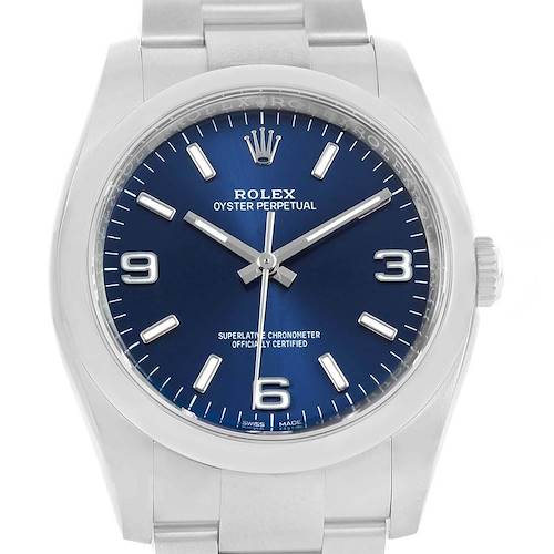 This image shows a front view of the Rolex Oyster Perpetual 116000 Men's Stainless Steel Blue Dial 116000 Men's Stainless Steel Blue Dial watch, highlighting its blue dial, hour markers, and stainless steel case.