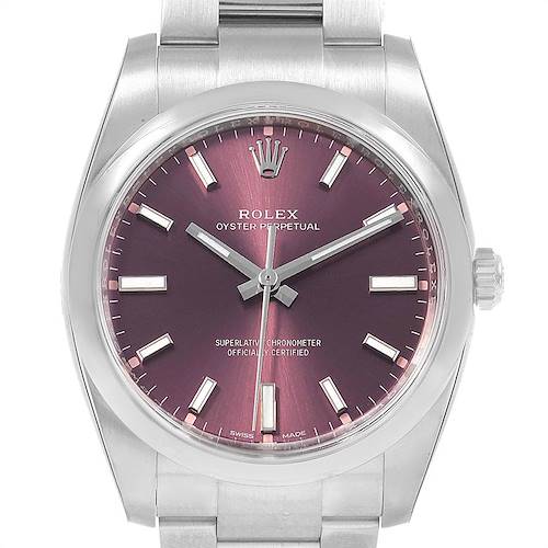 The image shows a front view of the Rolex Oyster Perpetual 114200 Men's Stainless Steel Burgundy Dial 114200 Men's Stainless Steel Burgundy Dial watch with a maroon dial and stainless steel bracelet.