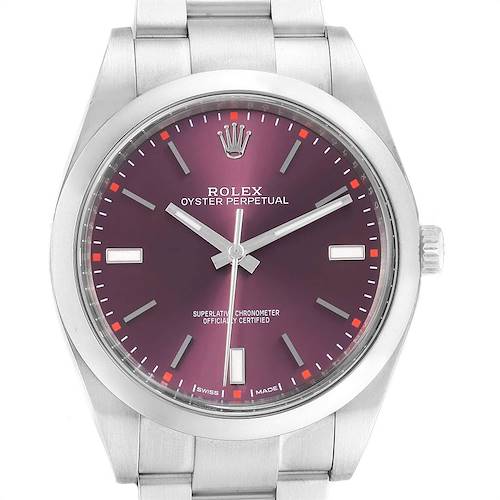The image shows a top-down view of a Rolex Oyster Perpetual 114300 Men's Stainless Steel Burgundy Dial 114300 Men's Stainless Steel Burgundy Dial watch, highlighting the dial, bezel, case, and part of the bracelet.