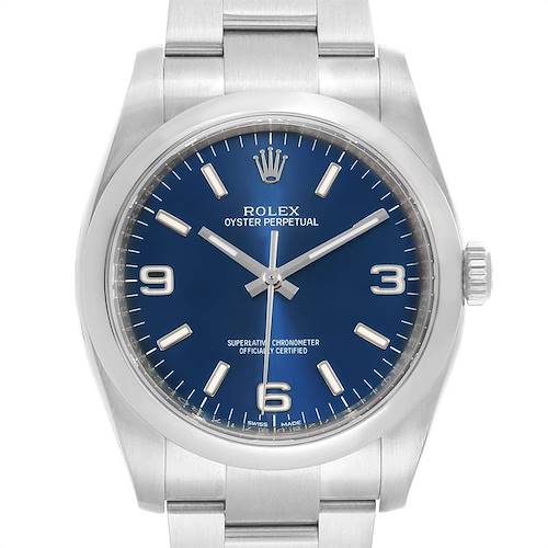 The image shows a front view of a Rolex Oyster Perpetual 116000 Men's Stainless Steel Blue Dial 116000 Men's Stainless Steel Blue Dial watch, highlighting its blue dial, stainless steel case, and bracelet.