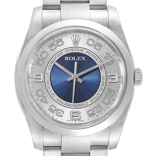 This image shows a front view of a Rolex Oyster Perpetual 116000 Men's Stainless Steel Silver Dial 116000 Men's Stainless Steel Silver Dial watch, highlighting its dial, bezel, crown, and bracelet.