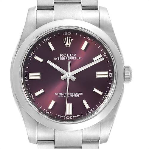 The image shows a front view of a Rolex Oyster Perpetual 116000 Men's Stainless Steel Burgundy Dial 116000 Men's Stainless Steel Burgundy Dial watch, highlighting the dial, hands, bezel, and part of the bracelet.