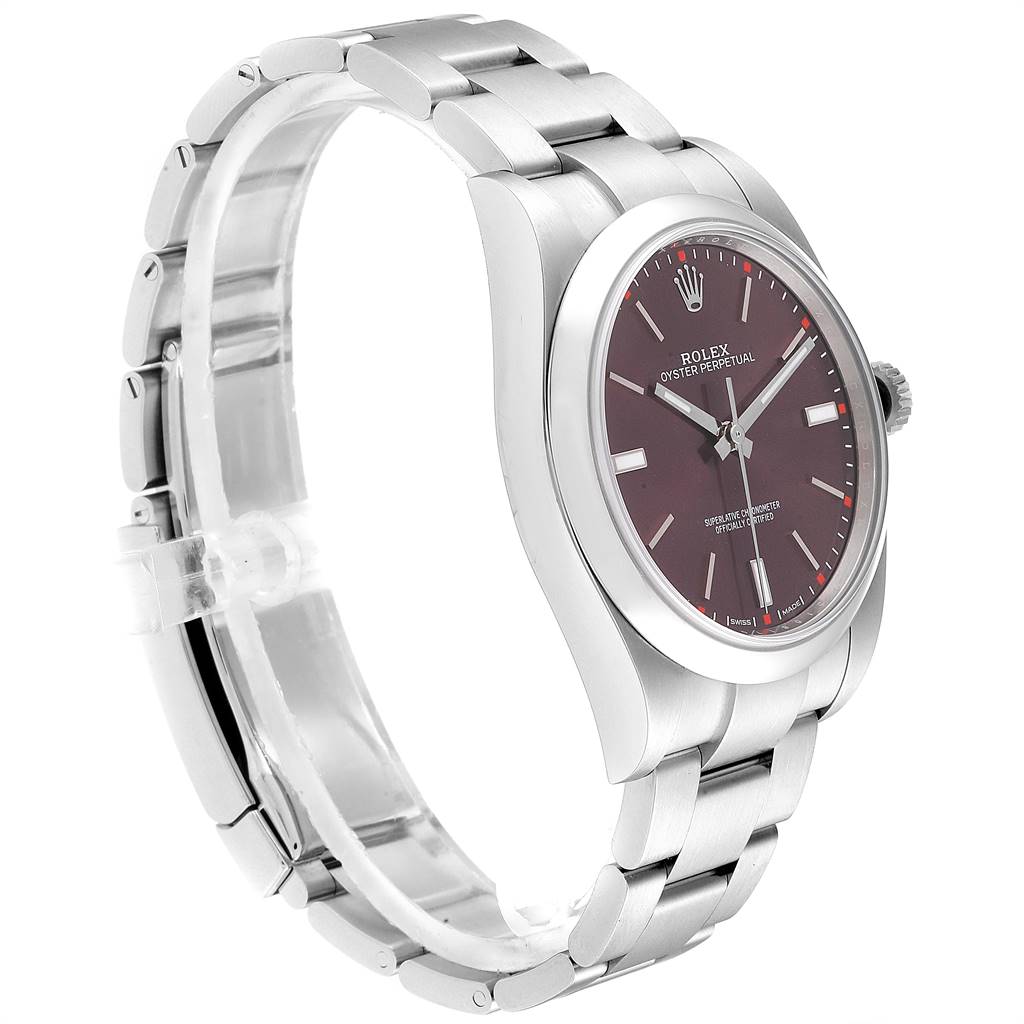 The image shows a side view of the Rolex Oyster Perpetual 114300 Men's Stainless Steel Burgundy Dial 114300 Men's Stainless Steel Burgundy Dial watch, highlighting the case, crown, and bracelet.