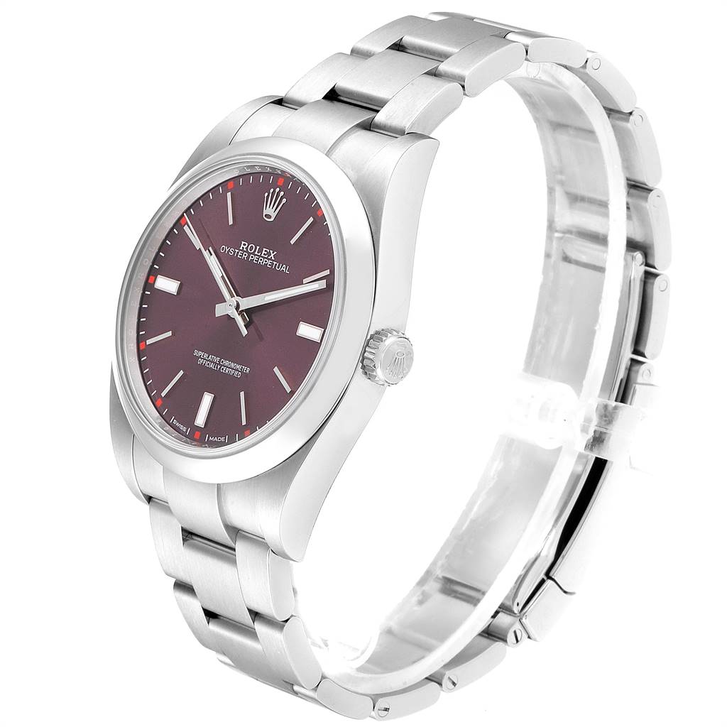 The image shows a Rolex Oyster Perpetual 114300 Men's Stainless Steel Burgundy Dial 114300 Men's Stainless Steel Burgundy Dial watch at an oblique angle, displaying the dial, bezel, crown, and bracelet.