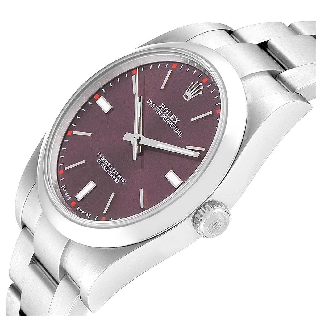 This image shows a side angle of a Rolex Oyster Perpetual 114300 Men's Stainless Steel Burgundy Dial 114300 Men's Stainless Steel Burgundy Dial watch, displaying the case, dial, and part of the bracelet.