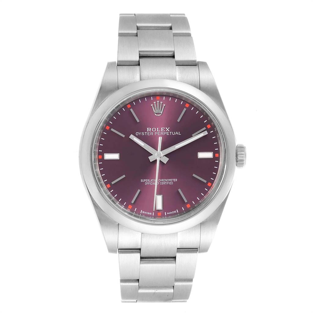 The Rolex Oyster Perpetual 114300 Men's Stainless Steel Burgundy Dial 114300 Men's Stainless Steel Burgundy Dial watch is shown from a front angle, displaying its dial, case, and bracelet.
