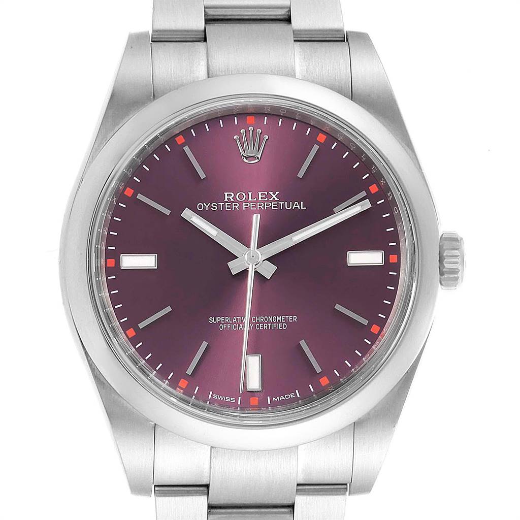 The image shows a front view of a Rolex Oyster Perpetual 114300 Men's Stainless Steel Burgundy Dial 114300 Men's Stainless Steel Burgundy Dial watch, highlighting its purple dial, markers, hands, and stainless steel bracelet.