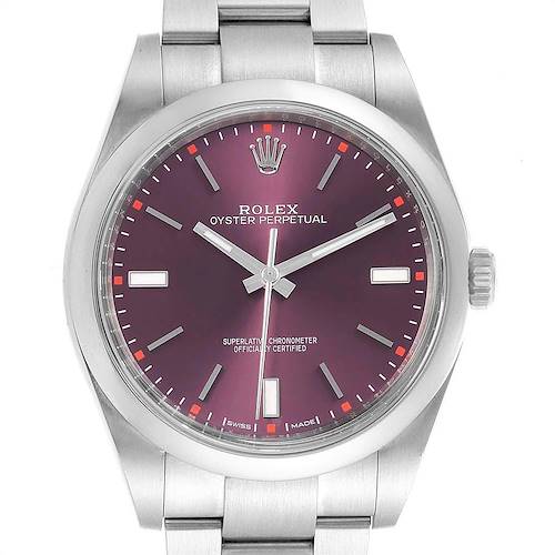 The image shows a front view of a Rolex Oyster Perpetual 114300 Men's Stainless Steel Burgundy Dial 114300 Men's Stainless Steel Burgundy Dial watch, highlighting its purple dial, hands, and stainless steel bracelet.