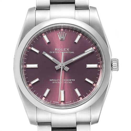 This image shows a front view of a Rolex Oyster Perpetual 114200 Men's Stainless Steel Burgundy Dial 114200 Men's Stainless Steel Burgundy Dial watch with a dark pink dial and a stainless steel bracelet.