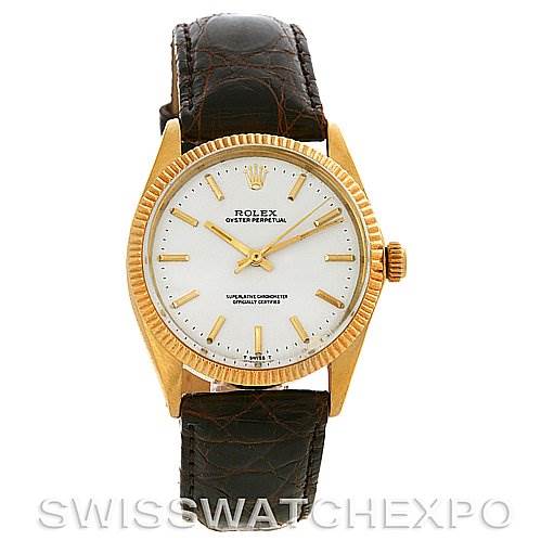 This image shows a front view of a Rolex Oyster Perpetual Men's Yellow Gold White Dial Men's Yellow Gold White Dial watch with a white dial, gold bezel, and brown leather strap.