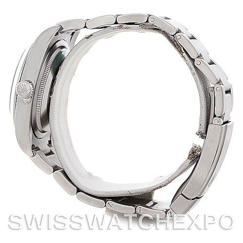 Side view of the Rolex Oyster Perpetual 116000 Men's Stainless Steel Silver Dial 116000 Men's Stainless Steel Silver Dial watch, featuring the case and the metal bracelet.