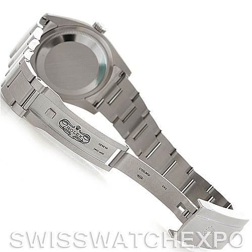 The image shows the Rolex Oyster Perpetual 116000 Men's Stainless Steel Silver Dial 116000 Men's Stainless Steel Silver Dial watch from the back, highlighting the case back, bracelet, and open clasp.