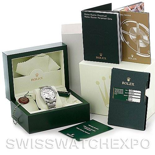 The image shows a Rolex Oyster Perpetual 116000 Men's Stainless Steel Silver Dial 116000 Men's Stainless Steel Silver Dial watch in its box, with accompanying manuals, warranty cards, and tags.