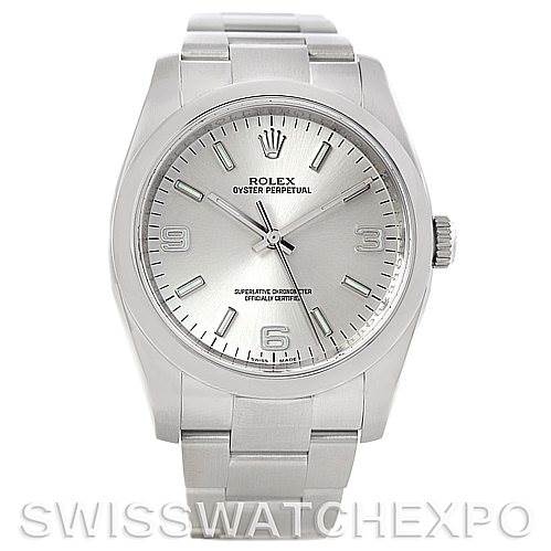 The Rolex Oyster Perpetual 116000 Men's Stainless Steel Silver Dial 116000 Men's Stainless Steel Silver Dial watch is shown from the front, displaying the dial, bezel, bracelet, and crown.