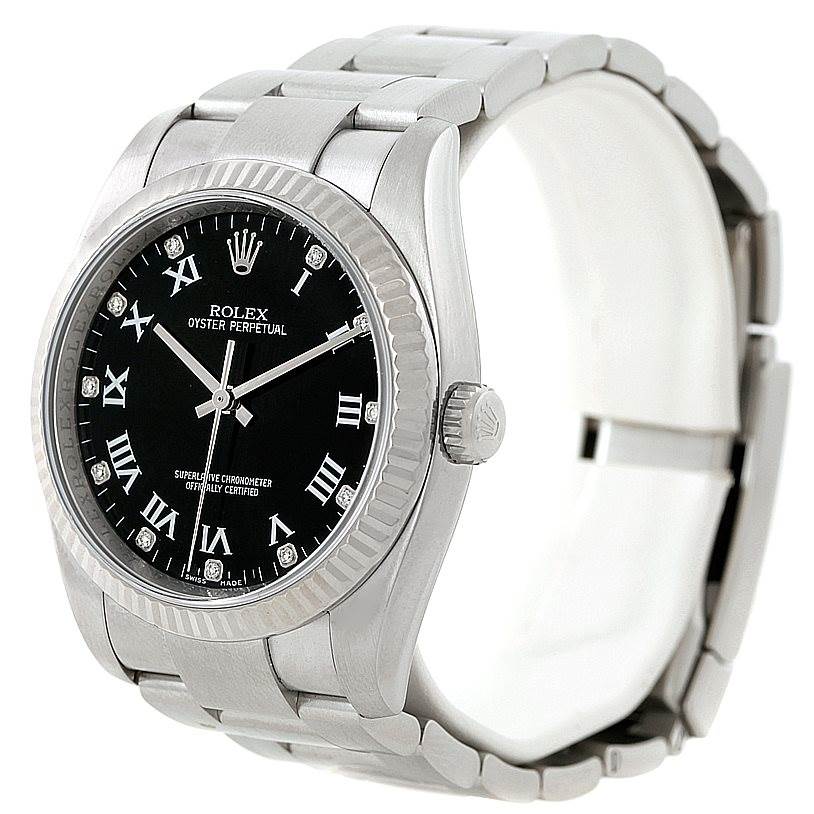 The image shows a Rolex Oyster Perpetual 116034 Men's Stainless Steel Black Dial 116034 Men's Stainless Steel Black Dial watch with a silver metal bracelet and a black dial, viewed from a front-left angle.