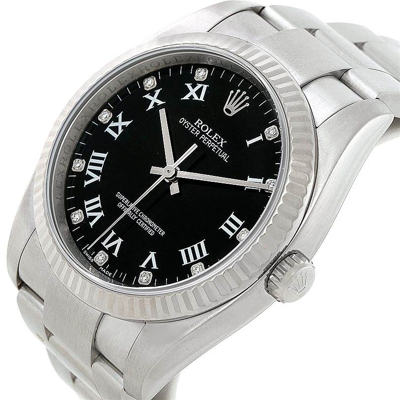 The image shows a close-up angle of the Rolex Oyster Perpetual 116034 Men's Stainless Steel Black Dial 116034 Men's Stainless Steel Black Dial watch, highlighting the black dial, Roman numeral markers, bezel, and bracelet.