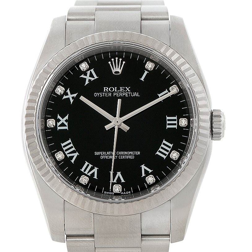 This is a front view of the Rolex Oyster Perpetual 116034 Men's Stainless Steel Black Dial 116034 Men's Stainless Steel Black Dial watch, showing the black dial, Roman numerals, and stainless steel bracelet.