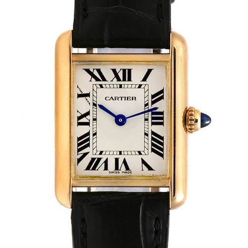 This image shows a frontal view of the Cartier Tank Louis W1529856 Women's Yellow Gold Silver Dial W1529856 Women's Yellow Gold Silver Dial watch, highlighting its rectangular face, Roman numerals, and leather strap.