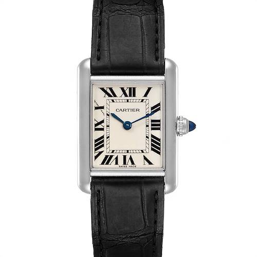 The image shows a frontal view of a Cartier Tank Louis W1541056 Women's White Gold Silver Dial W1541056 Women's White Gold Silver Dial watch, highlighting its rectangular dial, Roman numerals, and black leather strap.