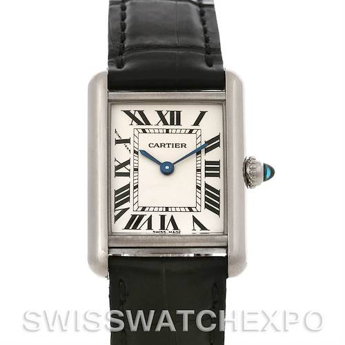 This image shows a front view of the Cartier Tank Louis W1541056 Women's White Gold Silver Dial W1541056 Women's White Gold Silver Dial watch with its dial, hour markers, and strap visible.