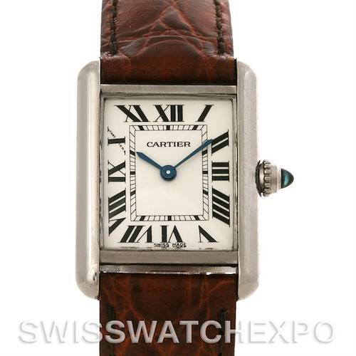 This image shows a front view of the Cartier Tank Louis W1541056 Women's White Gold Silver Dial W1541056 Women's White Gold Silver Dial watch, highlighting the watch face, Roman numeral markers, and decorative crown.