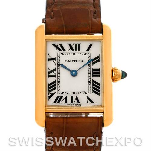 This image shows a front view of a Cartier Tank Louis W1529856 Women's Yellow Gold Silver Dial W1529856 Women's Yellow Gold Silver Dial model watch, detailing its rectangular dial, Roman numerals, and brown leather strap.