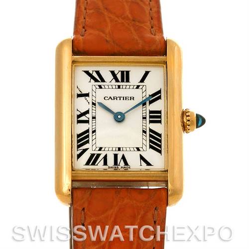 The image shows the front view of a Cartier Tank Louis W1529856 Women's Yellow Gold Silver Dial W1529856 Women's Yellow Gold Silver Dial watch, including its face, Roman numerals, and part of the brown leather strap.