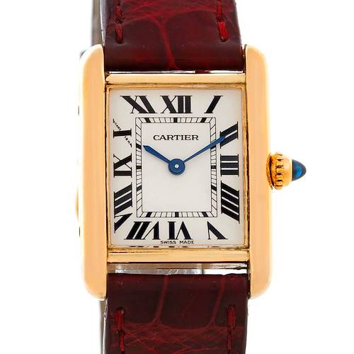 The image shows a front view of a Cartier Tank Louis W1529856 Women's Yellow Gold Silver Dial W1529856 Women's Yellow Gold Silver Dial watch with a red leather strap and gold case.