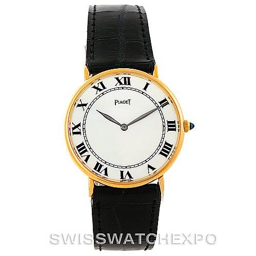 This is a front view of the Piaget 9035 Men's Yellow Gold White Dial 9035 Men's Yellow Gold White Dial 18K Yellow Gold Mechanical Men's Watch 9035 model showcasing the dial and strap.