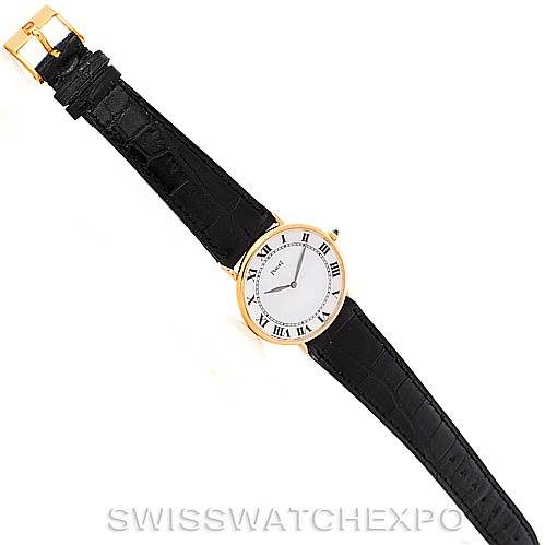 The image shows a top-down view of a Piaget 9035 Men's Yellow Gold White Dial 9035 Men's Yellow Gold White Dial 18K Yellow Gold Mechanical Men's Watch 9035, displaying its case, dial, and black leather strap.