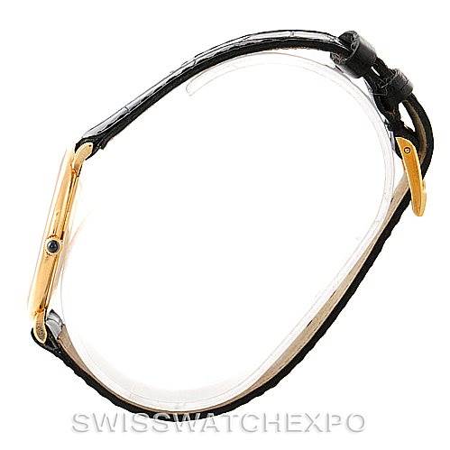 The image shows a side profile view of a Piaget 9035 Men's Yellow Gold White Dial 9035 Men's Yellow Gold White Dial 18K Yellow Gold Mechanical Mens Watch 9035, highlighting the gold case and leather strap.