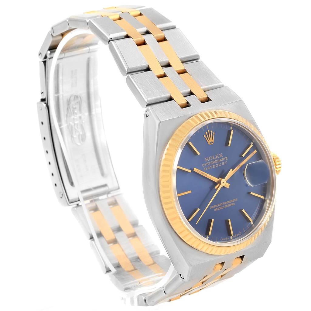 The image shows a Rolex Oysterquartz 17013 Men's Stainless Steel Blue Dial 17013 Men's Stainless Steel Blue Dial watch at an angled side view, displaying the bracelet, dial, crown, and part of the clasp.