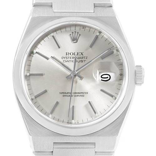 The image shows a front view of the Rolex Oysterquartz 17000 Men's Stainless Steel Silver Dial 17000 Men's Stainless Steel Silver Dial Datejust watch, highlighting its dial, bezel, and crown.