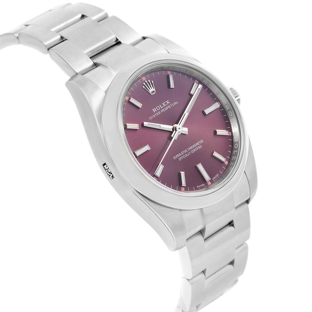 This image shows the front and side of a Rolex Oysterquartz 114200 Men's Stainless Steel Burgundy Dial 114200 Men's Stainless Steel Burgundy Dial watch with a metal bracelet and a maroon dial.
